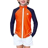 AOBUTE Kids Zip Swimming Shirt Boy Long Sleeve UPF 50+ UV Protective Quick Dry Rash Guard with Thumbholes Orange Navy 9-10Y