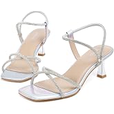 Susanny Women's Closed Toe Rhinstone Wedding Low Heel Slingback Clear Kitten Heels,Adjustable Strap Pointed Toe Bow Pumps High Heeled Prom Dress Shoes