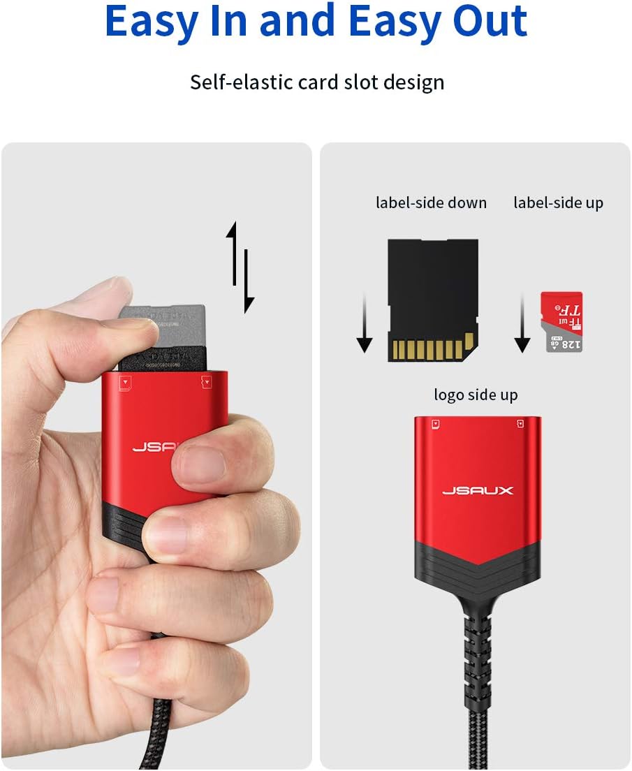 SD Card Reader USB 3.0 [2-in-1], JSAUX Dual Flash Memory Card Adapter for TF, SD, Micro SD, SDXC, SDHC, MMC, RS-MMC, Micro SDXC, Micro SDHC, UHS-I, Plug and Play, Read 2 Cards Simultaneously -Red: Computers & Accessories