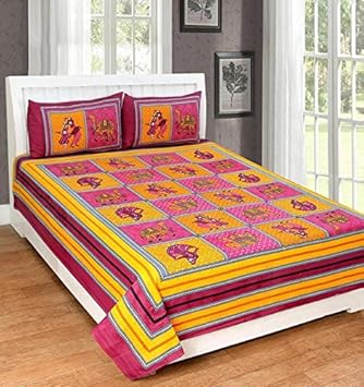 UniqChoice 120TC Cotton Rajasthani Prints Bedsheet for Double Bed Bedsheets (Pink)