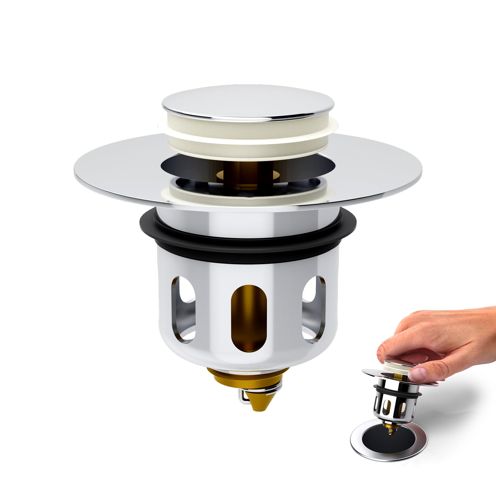 Photo 1 of Rainsworth Universal Bathroom Sink Stopper - All-Metal Pop Up Drain with Enlarged Drain Hole, Fits 1.3-1.5" US Standard Sinks, Stainless Steel & Brass Hair Catcher, Anti-Clog Strainer