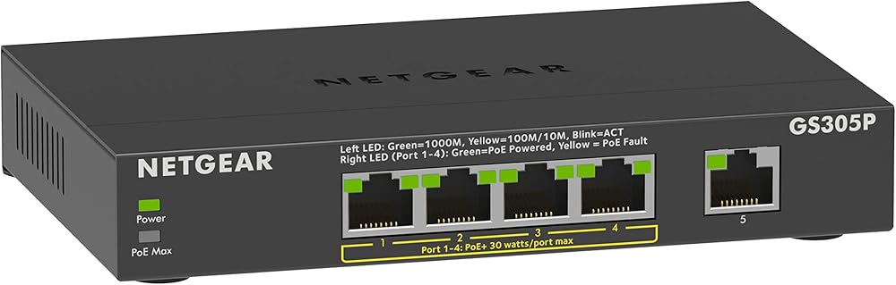 NETGEAR GS305P PoE Switch 5 Port Gigabit Ethernet 4 PoE+ 63W Desk Mount