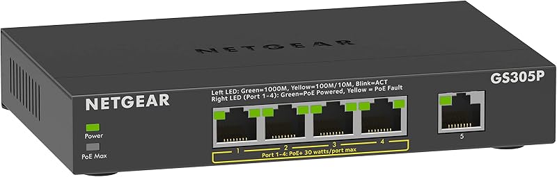 NETGEAR GS305P PoE Switch 5 Port Gigabit Ethernet 4 PoE+ 63W Desk Mount