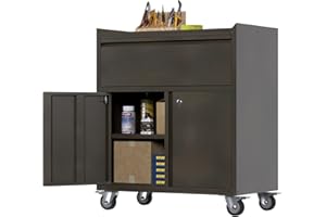 GangMei Vintage Color Metal Garage Cabinet with Wheels, Rolling Storage Cabinet with Lock, Garage Storage Cabinet for Tool Chest and Organizer, Assembly Required (One Drawer and Two Door)