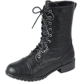 Forever Link Womens Round Toe Military Lace Up Knit Ankle Cuff Low Heel Combat Boots