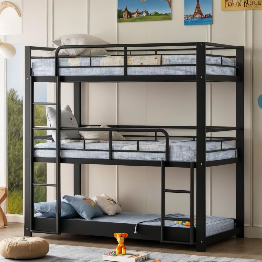 Photo 1 of ***MISSING HARDWARE***
ASKVDL Triple Bunk Bed for Kids, Twin Over Twin Over Twin Metal Three Bunk Bed with Ladder and Guardrail, Heavy Duty Bunkbeds, No Box Spring Needed, Black