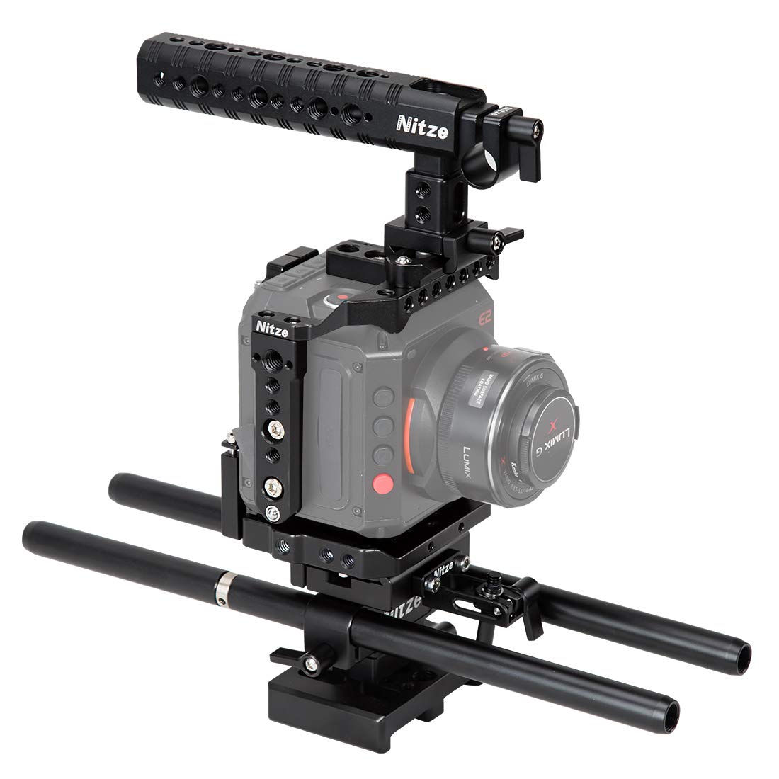 Nitze Cage Kit for Z CAM E2 Camera with HDMI/USB Cable Clamp, NATO Handle and Baseplate with 15mm Support System - ZTK-E2