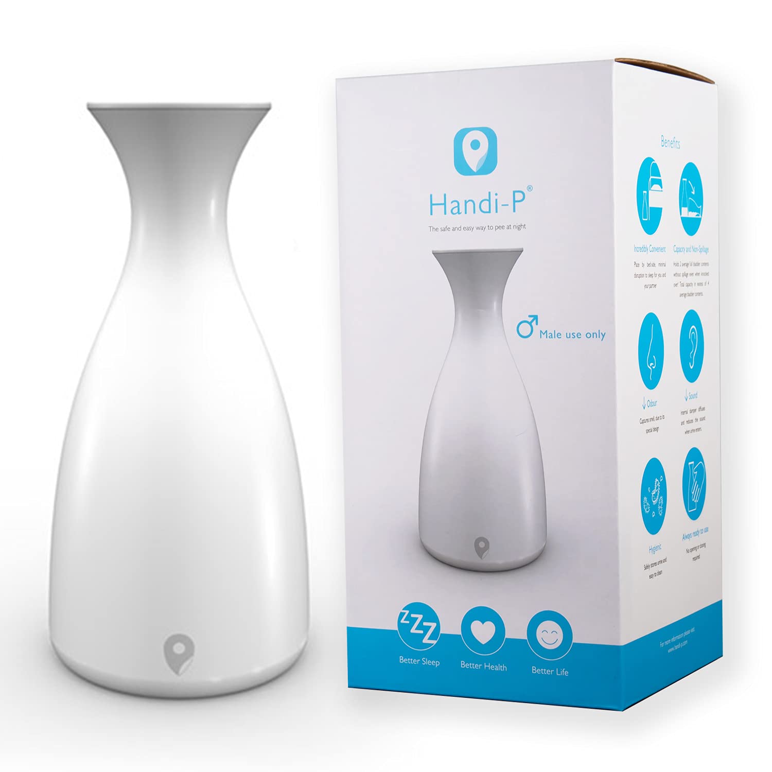 Handi-P Portable Non Spill Urine Bottle for Men, Discreet Hygienic Hand-Held Urinal Designed with Spill-Proof Urinary Chamber. Glow in The Dark Band, Perfect for Elderly, Traveling & Camping, 1400ml