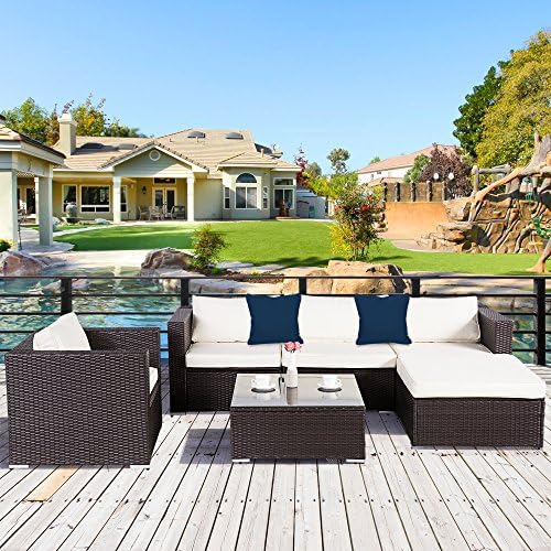 Cloud Mountain 6 Piece Rattan Wicker Furniture Set Outdoor Patio Garden Sectional Sofa Set Cushions Navy Pillows, Dark Chocolate
