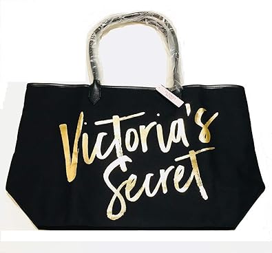 Amazon Victoria S Secret ヴィクトリアシークレット トートバッグ キャンバス 黒 ゴールド ロゴ Victoria S Secret ヴィクトリアシークレット トートバッグ