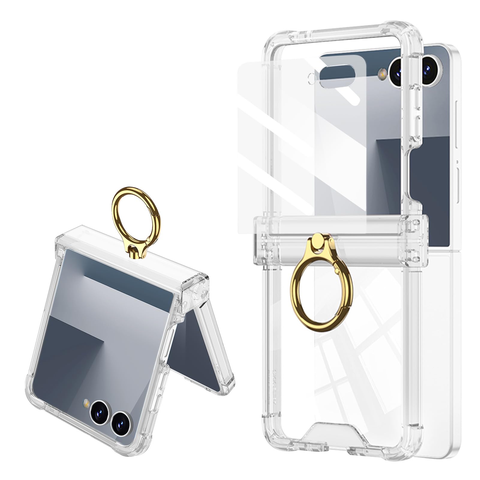 Photo 1 of PUROOM for Samsung Galaxy Z Flip 7 Clear Case Hinge Protection with Ring Holder & Screen Protector Soft All-Inclusive Shockproof Cover for Samsung Galaxy Z Flip 7 (Full Clear)