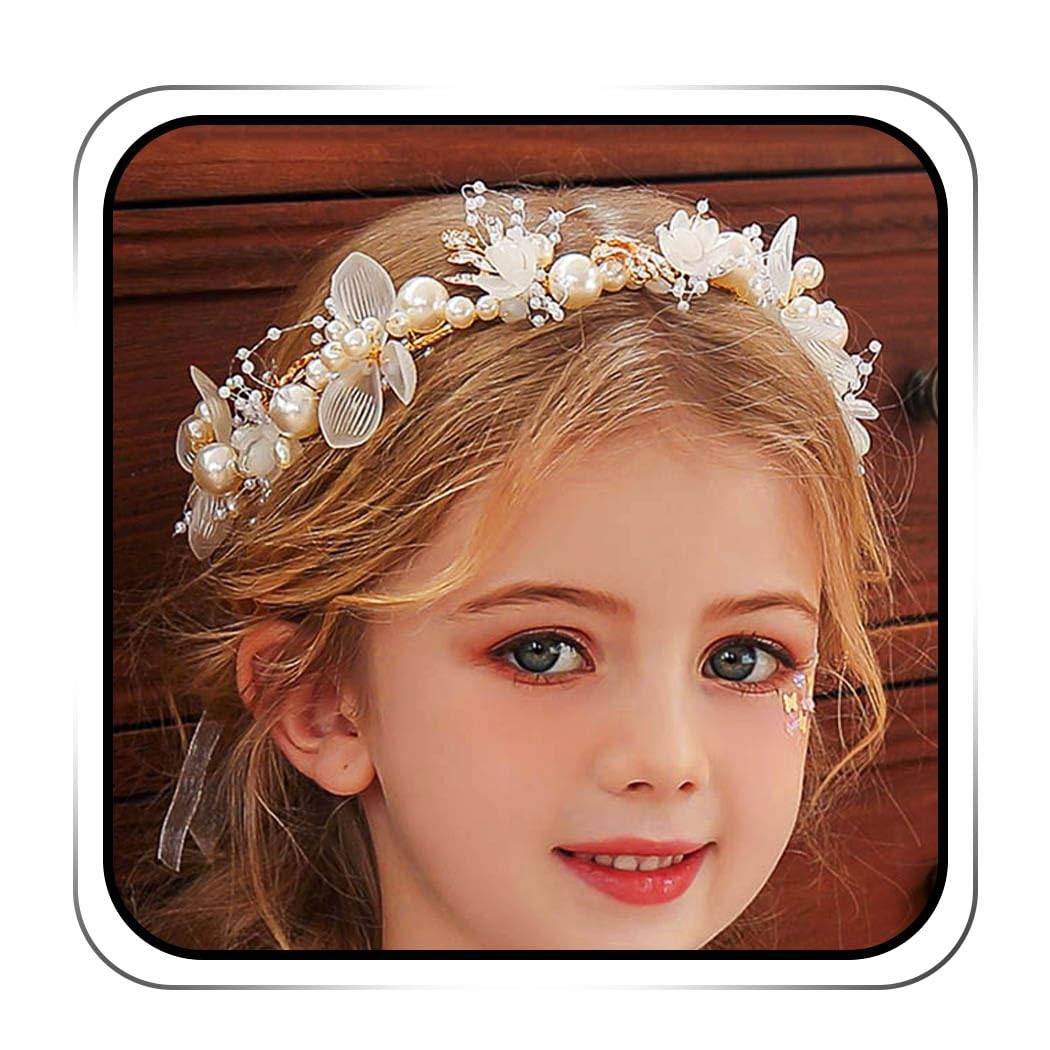 IYOU Flower Girl Hair Accessories Gold Pearl Wedding Headband Bridesmaid Communion Headpiece for Girls