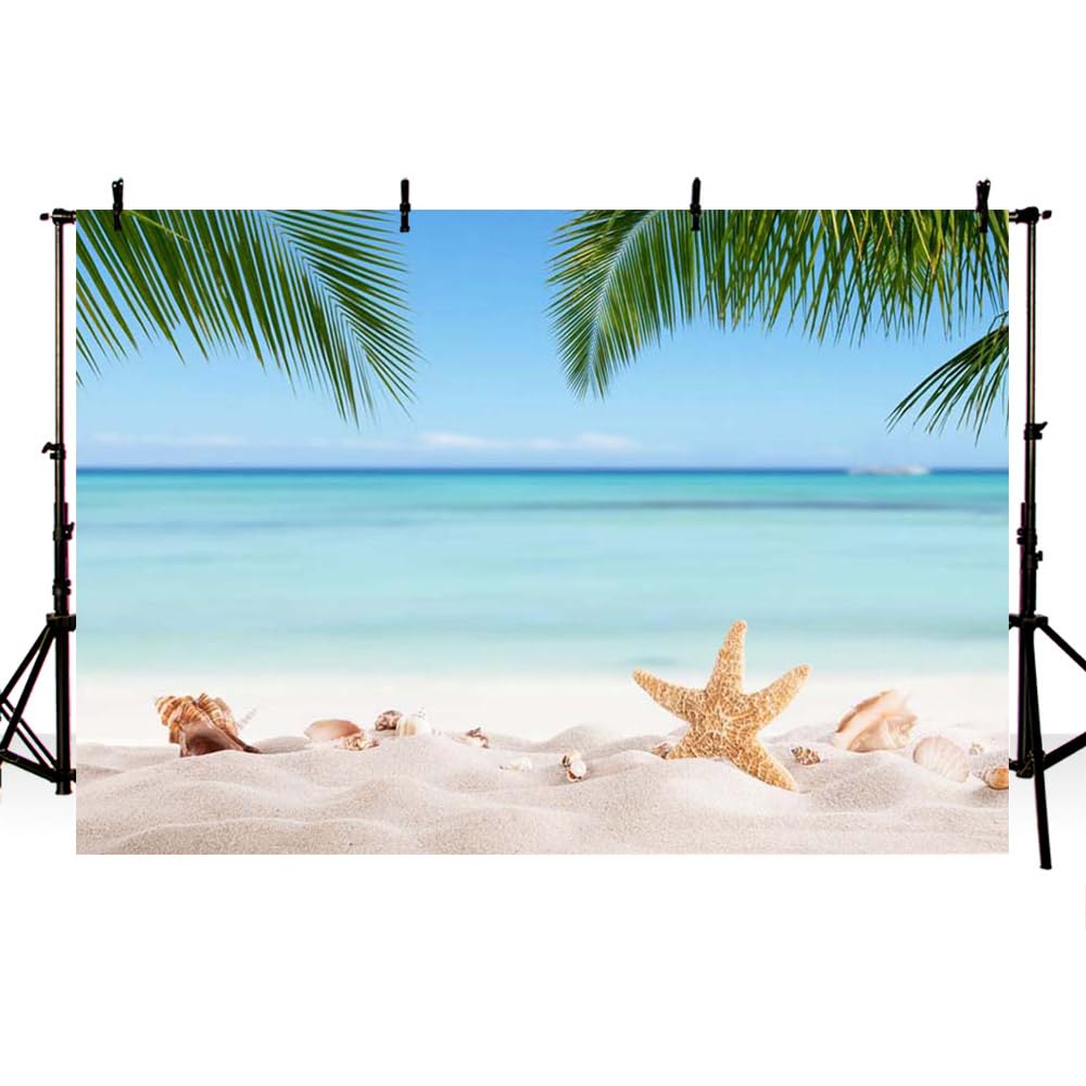 MEHOFOND 7x5ft Summer Beach Bridal Shower Backdrop Banner Seaside Palm Trees Photography Background for Picture Blue Sea Sky Tropical Birthday Wedding Party Decorations Photo Booth Studio Props