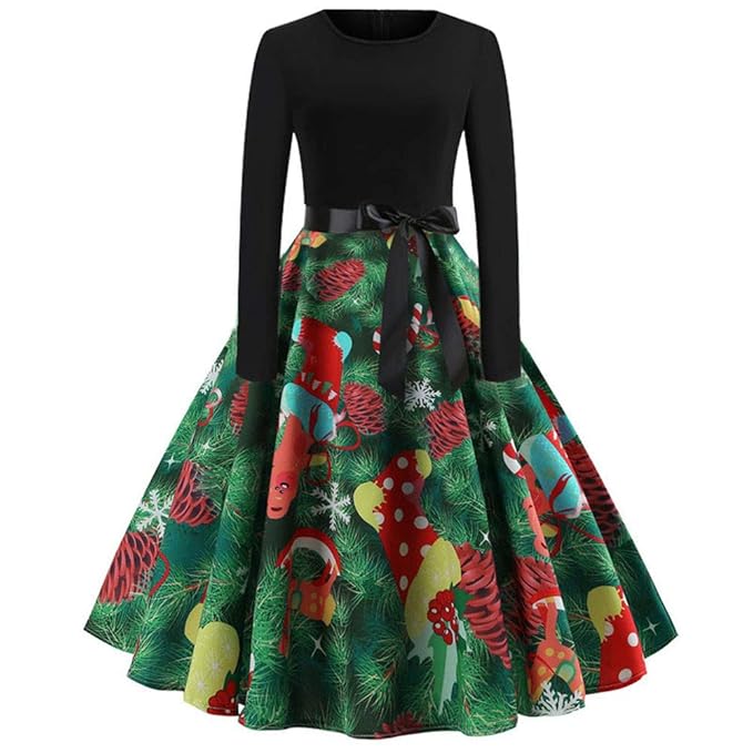 Xmiral Damen Vintage Weihnachten Kleid Print Langarm Abend Party Faltenrock