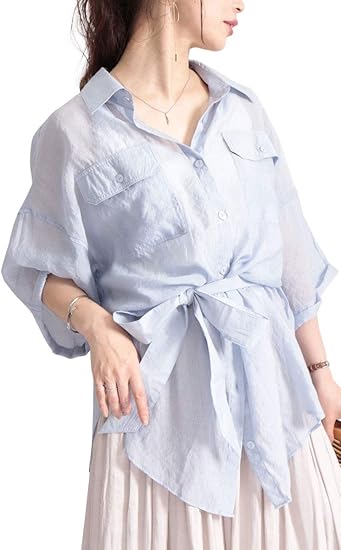 Amazon ゴールドジャパン 大きいサイズ レディース シャツ シアー ベルト 七分袖 ロング ポケット ビック 無地 シャツ ブラウス 通販