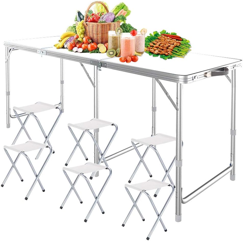 Lennov 1.8M 6FT Portable Outdoor Folding Camping Table with 6 Chairs Height Adjustable Heavy Duty Banquet Picnic Party Garden Foldable BBQ Table
