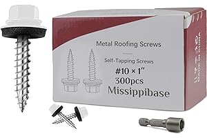 MISSIPPIBASE Metal Roofing Screws #10 × 1 Inch, 300 PCS,White Painted Hex Head Sheet Metal Roof Screws,Rubber Washer,Sharp Point,Self Starting Metal to Wood Siding Screws, EPDM Washer,Hex Socket Included