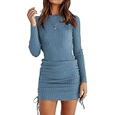 OWIN Women's Long Sleeve Ribbed Knit Casual Bodycon Mini Dress Ruched Drawstring Fall Pullover Sweater Dresses