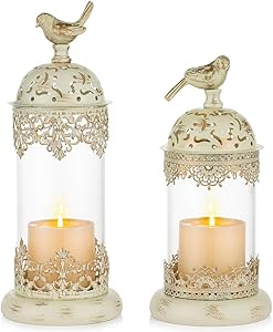 Nuptio 2 Pcs Vintage Pillar Candle Holders Moroccan Wrought Iron Hurricane Candle Holder Ornate Centerpiece for Mantlepiece Decorations, Candlestick Holders for Table Living Room Balcony Garden