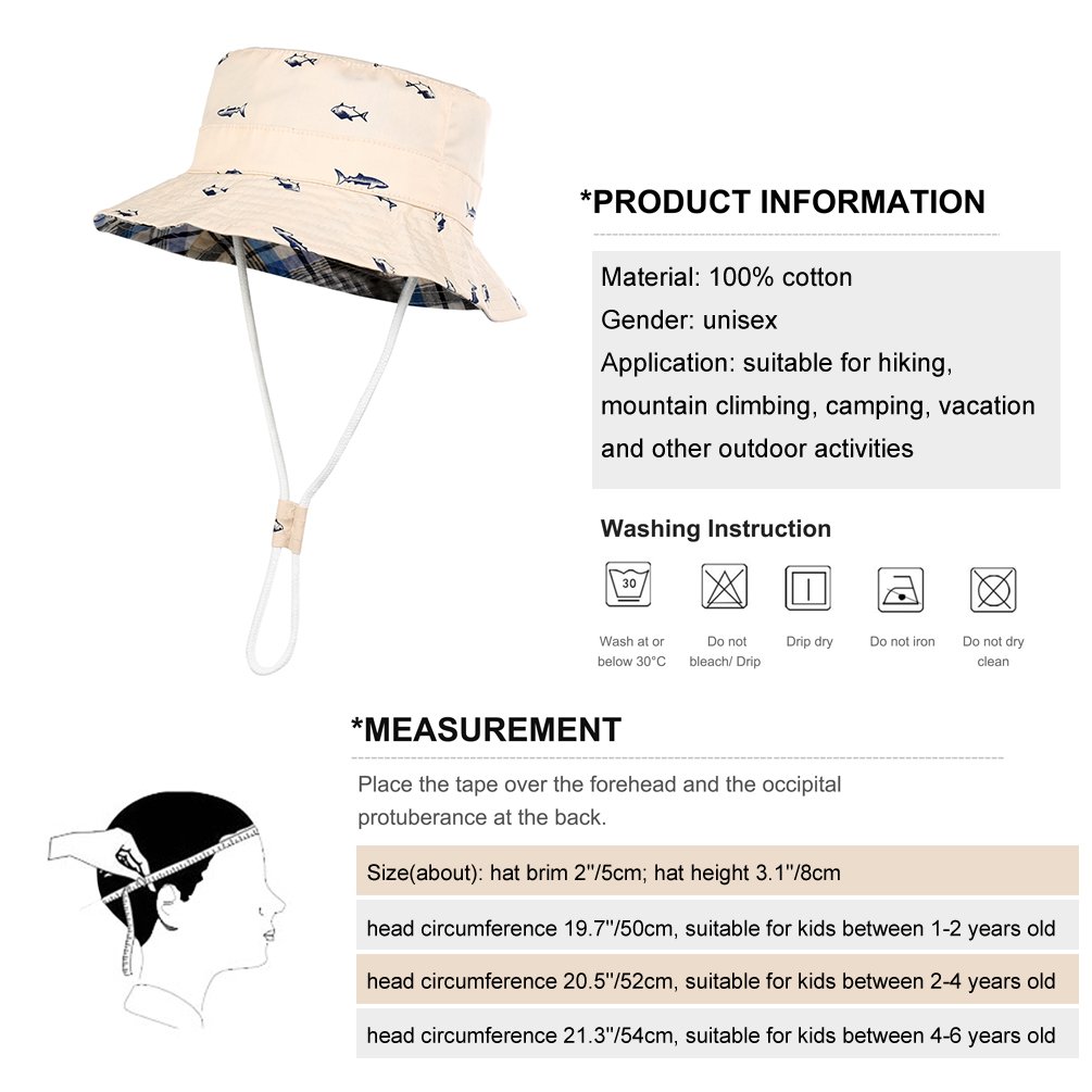 VBIGER Kids Cotton Bucket Hat Reversible Sun Hat Foldable Beach Cap with Adjustable Chin Strap,Aged 1-6