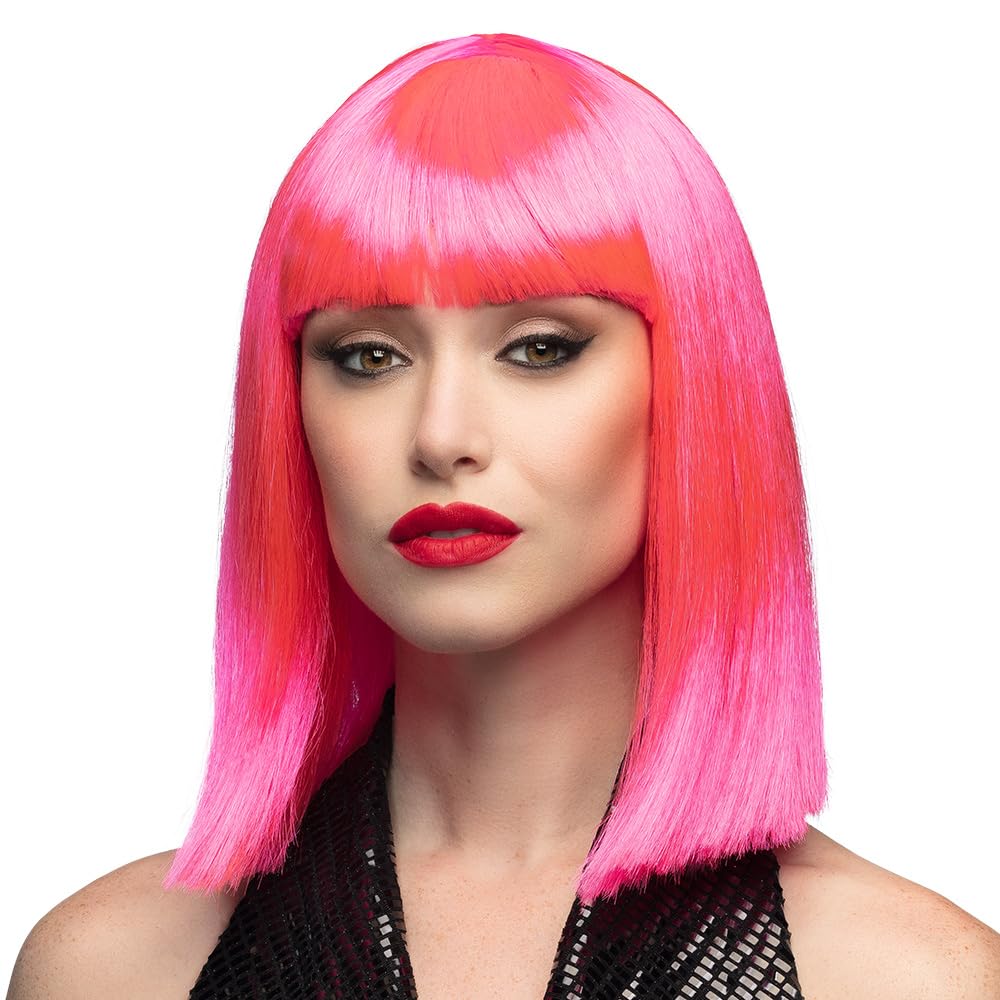 Smiffys Glam Wig, Neon Pink Short, Blunt with Fringe, Ladies Glamour Wigs Fancy Dress, Adult Dress Up Wigs