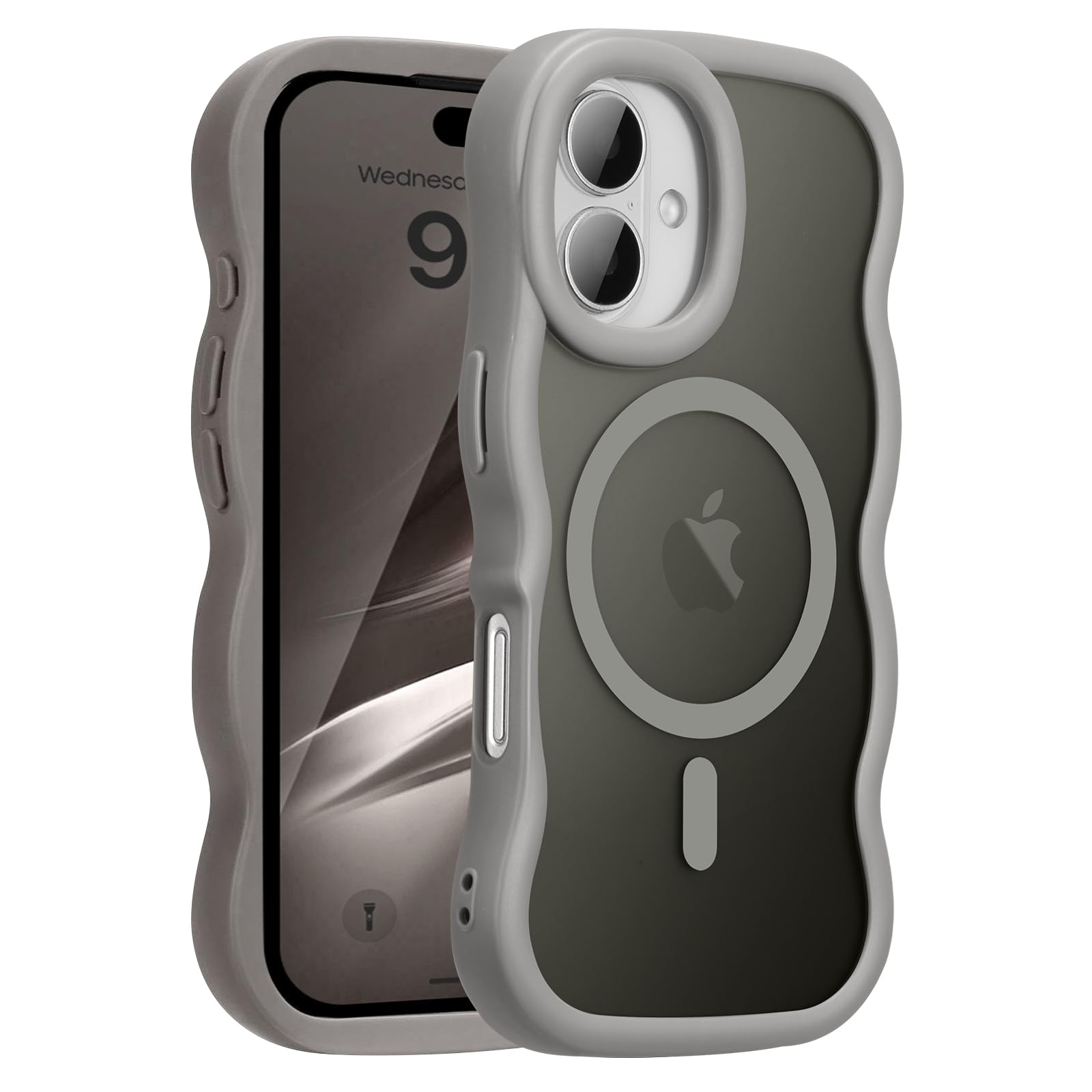 UEEBAI Magnetic for iPhone 16 Plus Case, Compatible with MagSafe, 2025 Transparent Wave Frame Design Case Soft Edge Cover Cute Clear Matte Shockproof Protective Phone Cover, Grey