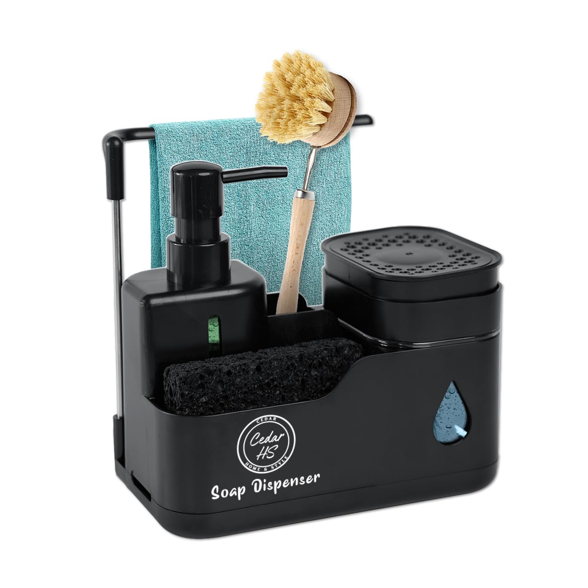 Photo 1 of **DAMAGED** Kitchen Hand and Dish Soap Dispenser Set (Black) – Dual Pump Bottles with Sponge Caddy, Brush Holder, Towel Bar & Drain Rack – Space-Saving Countertop Organizer for Sink & Bathroom