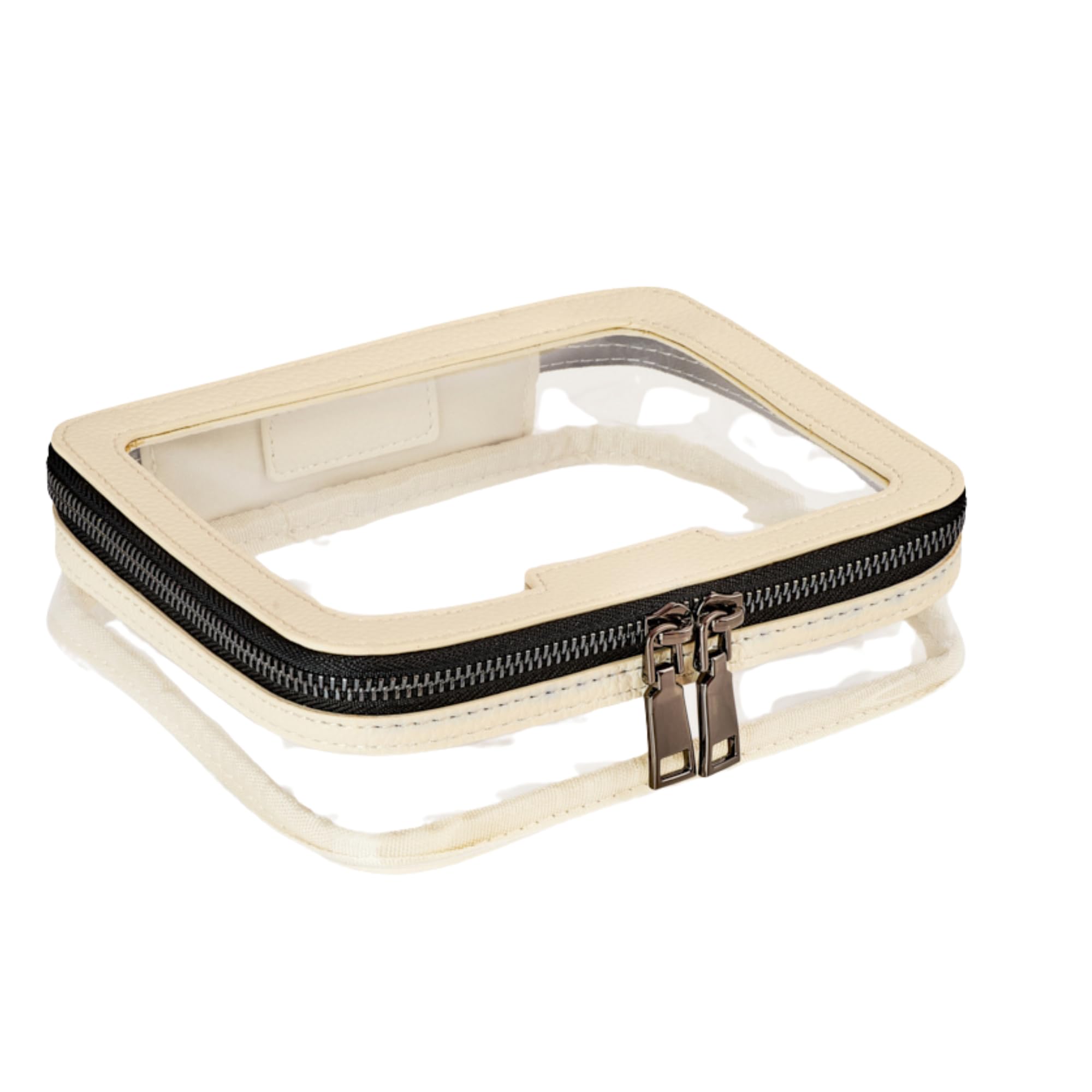 Vegan Leather Cream Toiletry Bag - Waterproof Clear PVC Zippered Cosmetic Makeup Wash Bag Organizer for Travel Bathroom Men and Women