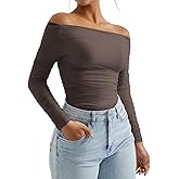 OMKAGI Women Long Sleeve Tops Boat Neck Off Shoulder Shirts Fitted Going Out Y2K Crop Top