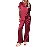 Ekouaer Women's Silk Pajamas Set Short Sleeve Satin Pjs 2 Piece Soft Loungewear with Pants Button Down Sleepwear