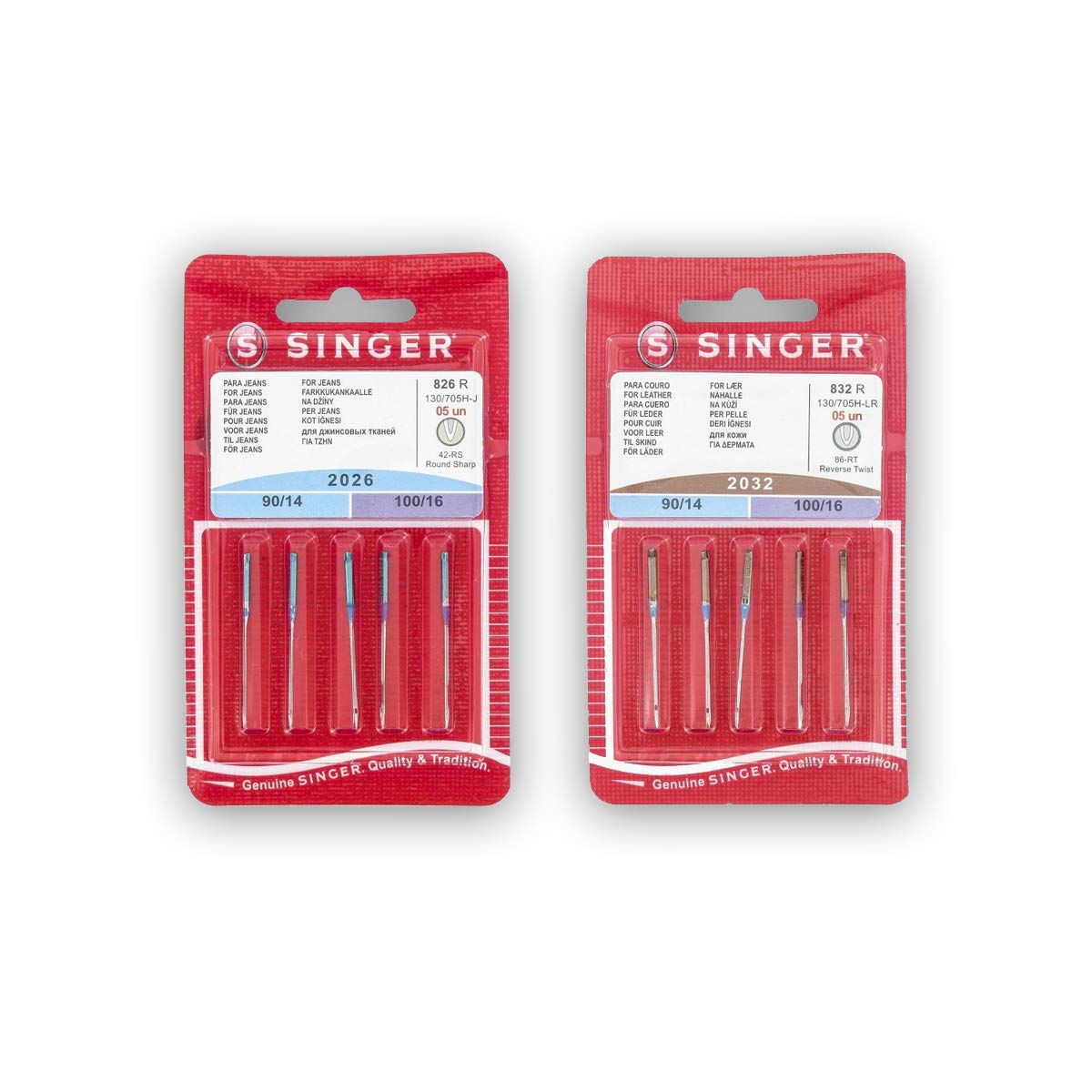 Singer 2 Packs Leather and Fabric Needles Kit (826R + 832R) 2026 and 2032 130/705 H-J and H-LL (Universal, Flat on One Side)
