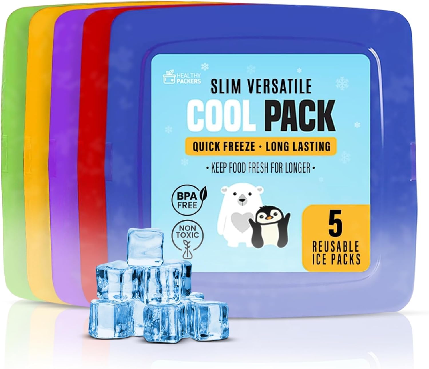 Healthy Packers Cool Pack, Slim Ice Pack for Lunch Box - Quick Freeze and Long-Lasting - Freezer Cold Packs for Cooler Bag and Lunch Boxes - (5 Pack Multi Color)