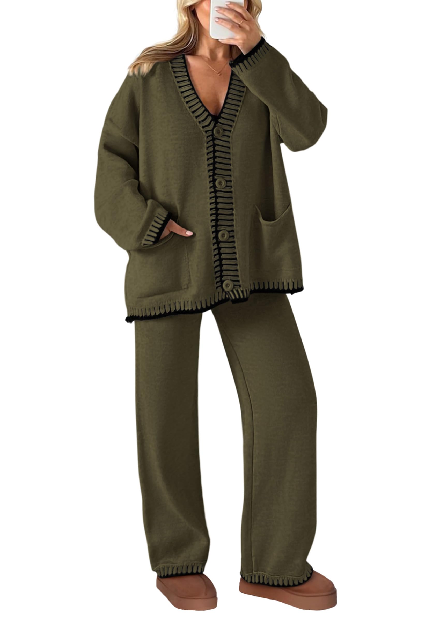 Photo 1 of ***PARTIAL SET/ TOP ONLY*** PRETTYGARDEN Lounge Sets for Women Fall 2026 Loungewear 2 Piece Outfits Cardigan Sweaters Track Suit Matching Winter Clothing (Khaki Green,XX-Large)