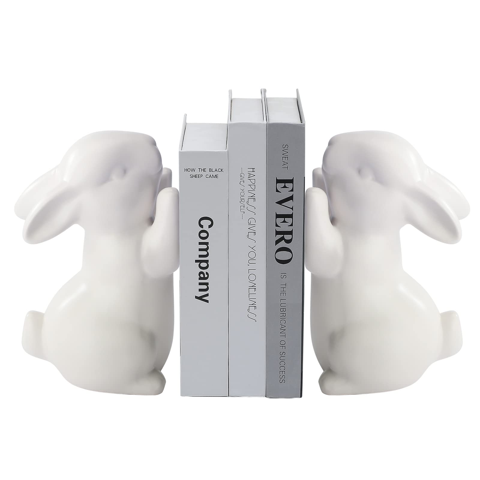 MISNODE 2 Pcs Rabbit Bookends, Bunny Book Ends for Shelves, Ceramic Animal Figurine Book Ends Stands Shelves, White Rabbit Home Decor