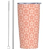YIKISSKID Checkerboard Daisy 20oz Tumbler with Lid and Straw for Women, Cute Plaid Vintage Floral Insulated Mug Retro Flower Checkered Stainless Steel Tumbler Double Wall Vacuum Travel Mug Coffee Cup