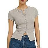 Womens Short Sleeve Button Up Slim Tshirt Crewneck Button Down Ribbed Knit Cardigan Tee Going Out Basic Dressy Tops