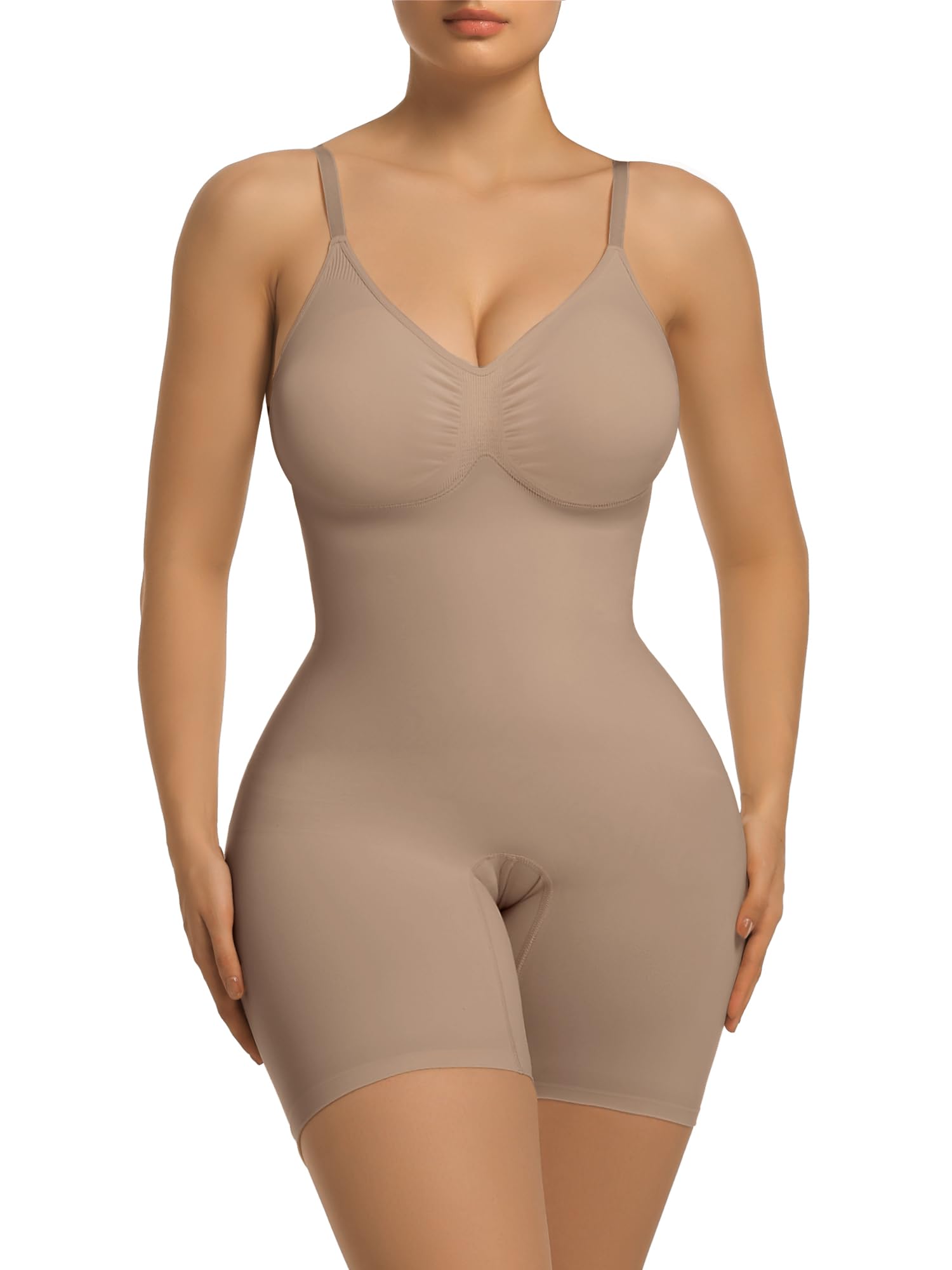Photo 1 of SHAPERX Women's Shapewear Tummy Control Bodysuit with Removable Pads Seamless Sculpting Mid Thigh Body Shaper,SZ5468-Sienna-S/M