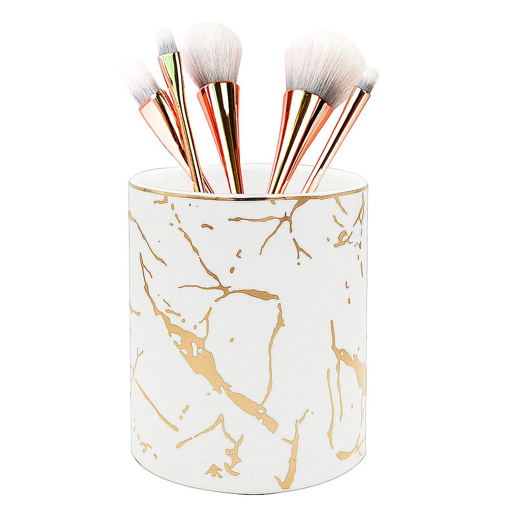 SIPLIV Ceramic Golden Thread Pencil Holder Pen Containers Desk Organizer Makeup Brush Holder for Office Classroom Home - Round, White