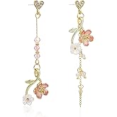 Chanaiqw Lightweight Boho Chic Crystal Asymmetry Flower Drop Earrings White Long Dangle Petals Tassel Earrings for Women Wedding Jewelry