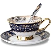 YBK Tech Euro Style Bone China Cup& Saucer Set, Ceramic Tea Coffee Cup for Home Kitchen Wedding (Royal Pattern- Deep Blue)