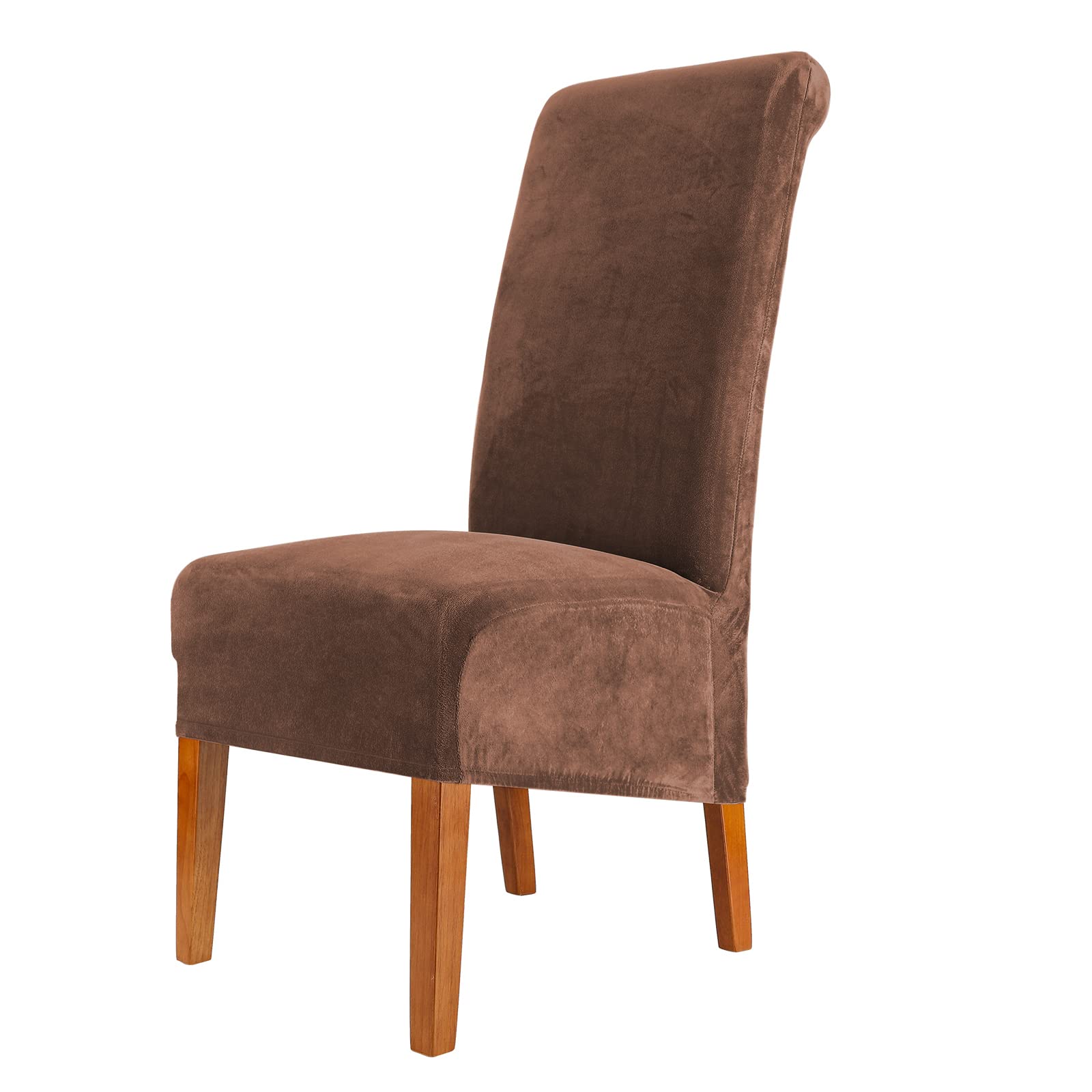 CMAKER Velvet Dining Chair Covers, Stretch Large Chair Slipcover, Spandex High Back Chairs Cover Elastic Washable Removable XL Chair Protector,Set of 2,Brown