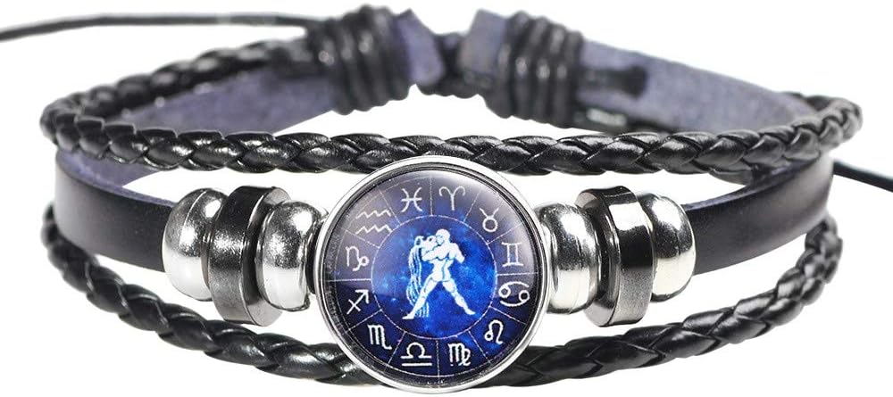 Fashion Men Women Constellation 12 Zodiac Sign Bracelets Punk Woven Leather (One Size,F)