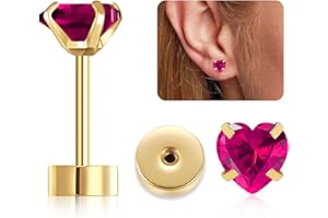 Heart Flat Back Stud Earrings for Women Girls, 5mm Birthstone Stud Earrings Hypoallergenic Flat Back Stud Earrings Stainless 