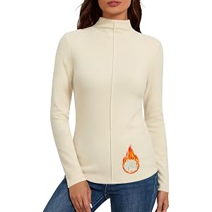 Bonneuitbebe Women's Long Sleeve Thermal Tops Mock Turtleneck Shirts | Center Front Pinstripe, Reversible Thermal Tops, High