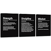 Strength Discipline Mindset Noun Inspirational Painting Wall Art 3 Pieces Canvas Print Office Wall Decor Poster Inspiring Framed Motivational Quotes for Wall Art Decoration Ready to Hang[36''Wx 16''H]