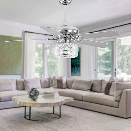 52 Inch Modern Chrome Crystal Ceiling Fan With Glass Shade Crystal