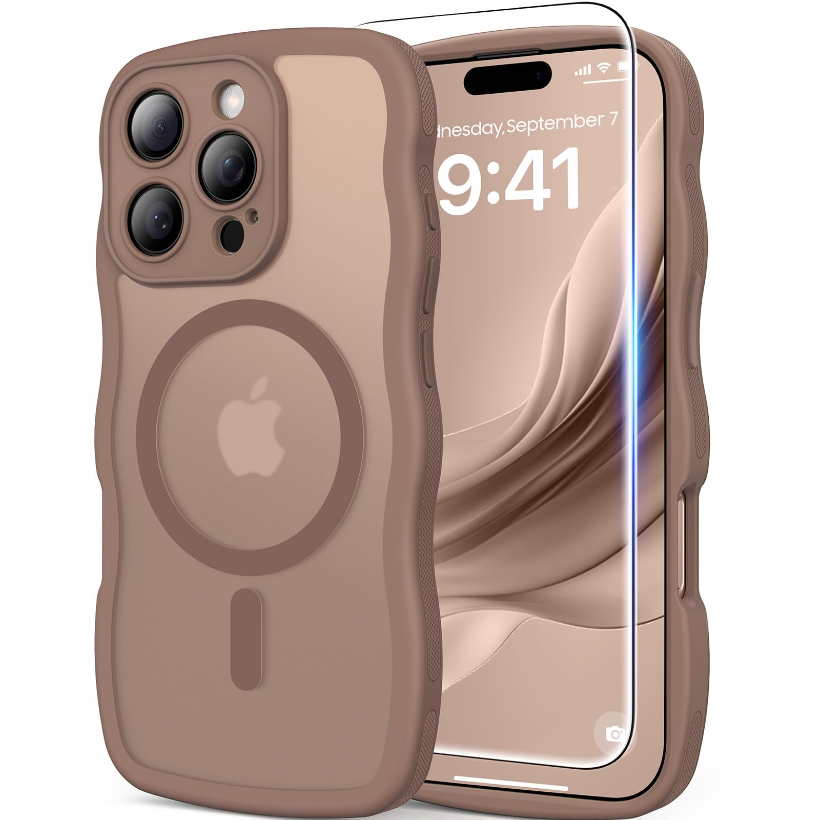 Photo 1 of 3 in 1 Magnetic for iPhone 16 Pro Max Case, 1X Screen Protector+1X Wrist Strap, Cute Wavy [Full Camera Protection][Fit for MagSafe], Trendy Matte Women Girls Case for iPhone 16 Pro Max 6.9", Brown