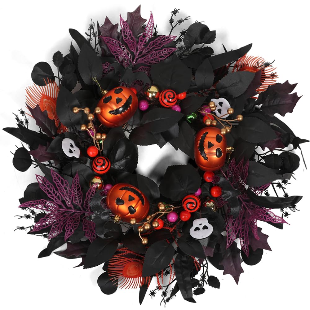 Photo 1 of 24" Glitter Halloween Wreath Outdoor - Sparkly Balls, Skulls, Bat, Skeleton, Pumpkin on Black Twig | Front Door Outside Goth Decor for Spooky Night
