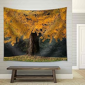 Beautiful Old Tree with Orange Leaves During Fall - Fabric Wall Tapestry Home Decor - 51x60 inches