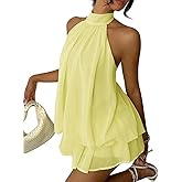 Narecte Womens Summer Dresses Halter Tie Mini Dress with Built-in Shorts, Chiffon Elegant Backless A-Line Sundress